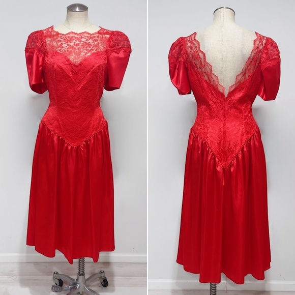 Union Made Dresses & Skirts - Union Made ILGWU Vintage 1980s Red Lace and Satin Formal Dress Size M/L